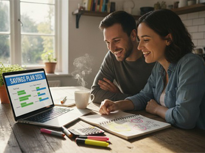 young couple looking at Savings Plan on a laptop computer