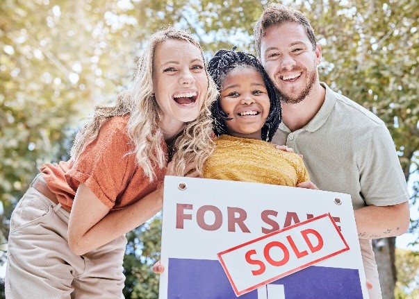 Family happy with new house, home and parents with kid in portrait and property WI