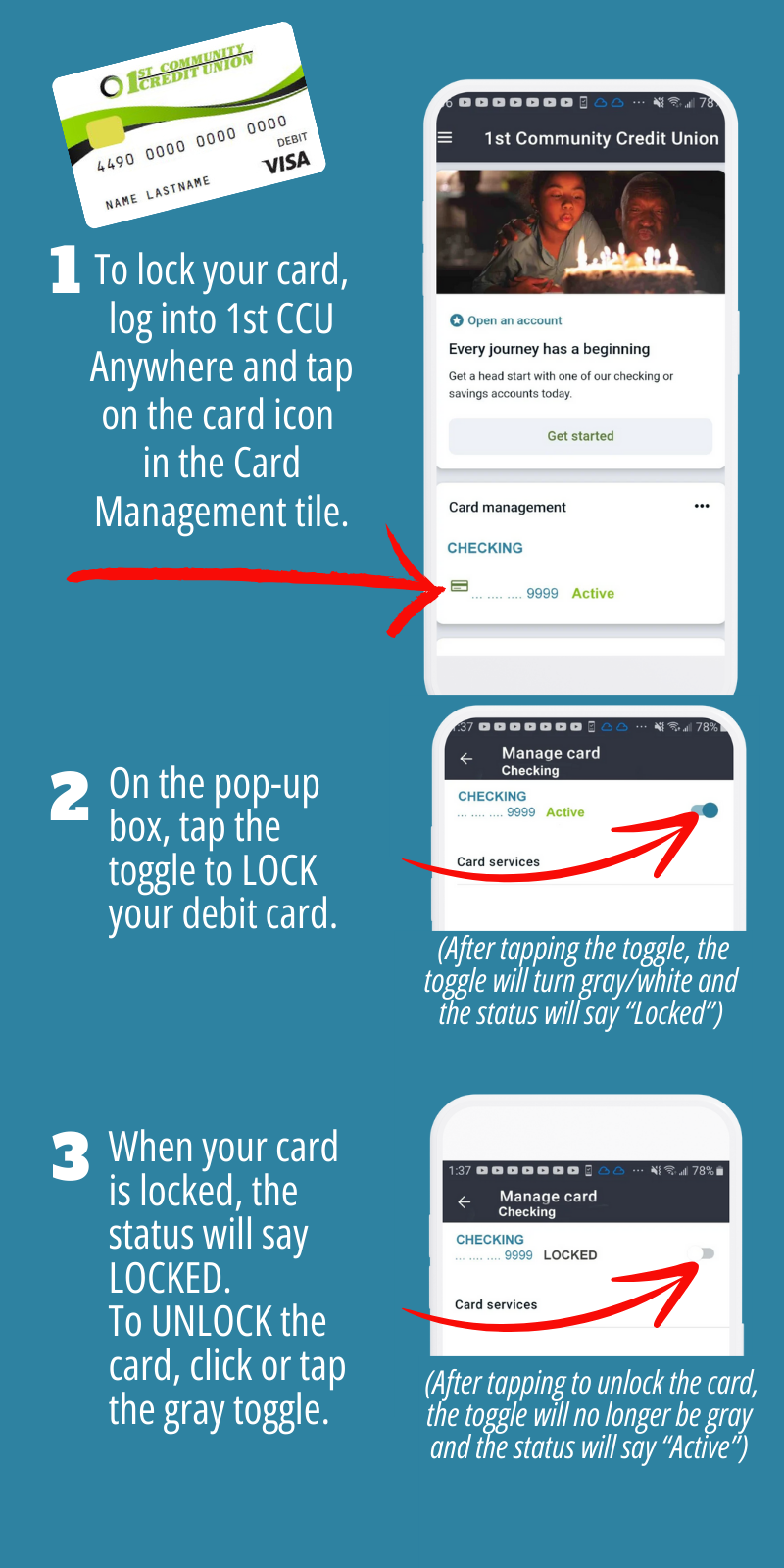 screenshots showing how to lock debit card